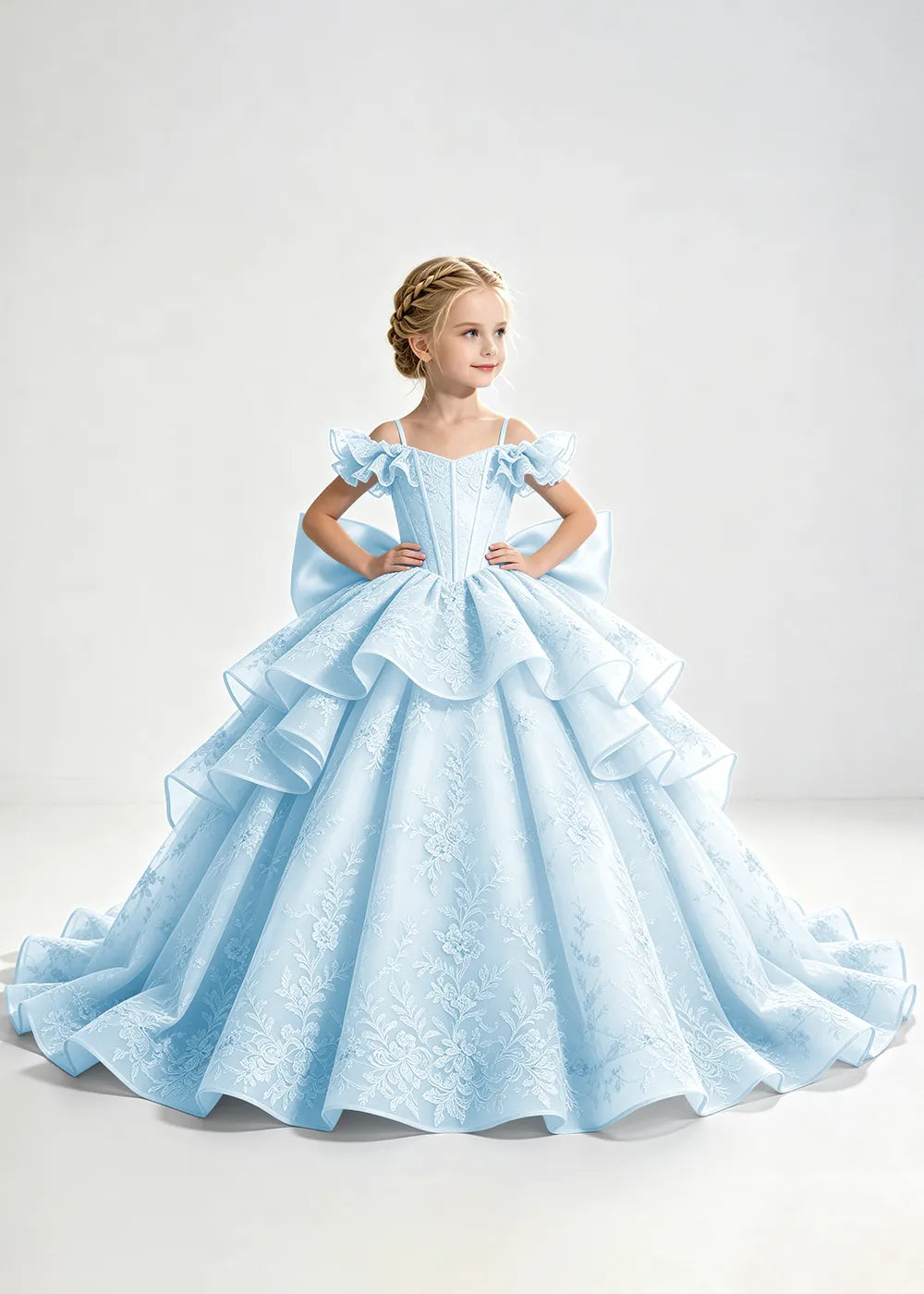 Light Blue Lace-Up Rear-Bow Flower Girl Dress