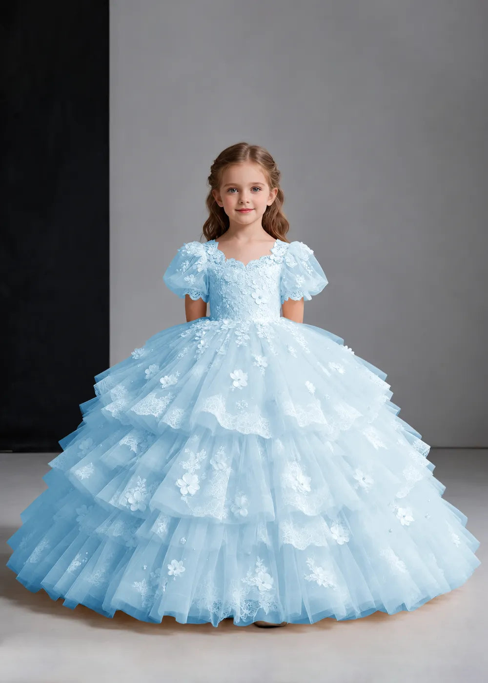 Flower girl dress in Light Blue, front view.