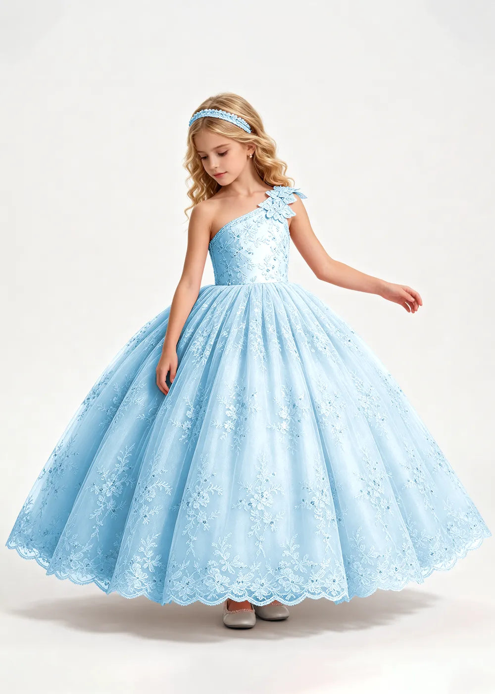 Warm Pale Blush One-Shoulder Flower Girl Gown with Scalloped Lace