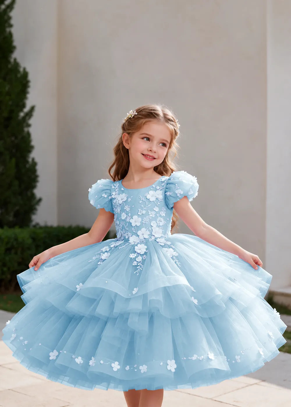 Lilac Puff-Sleeve Flower Girl Dress with Three-Tier Skirt