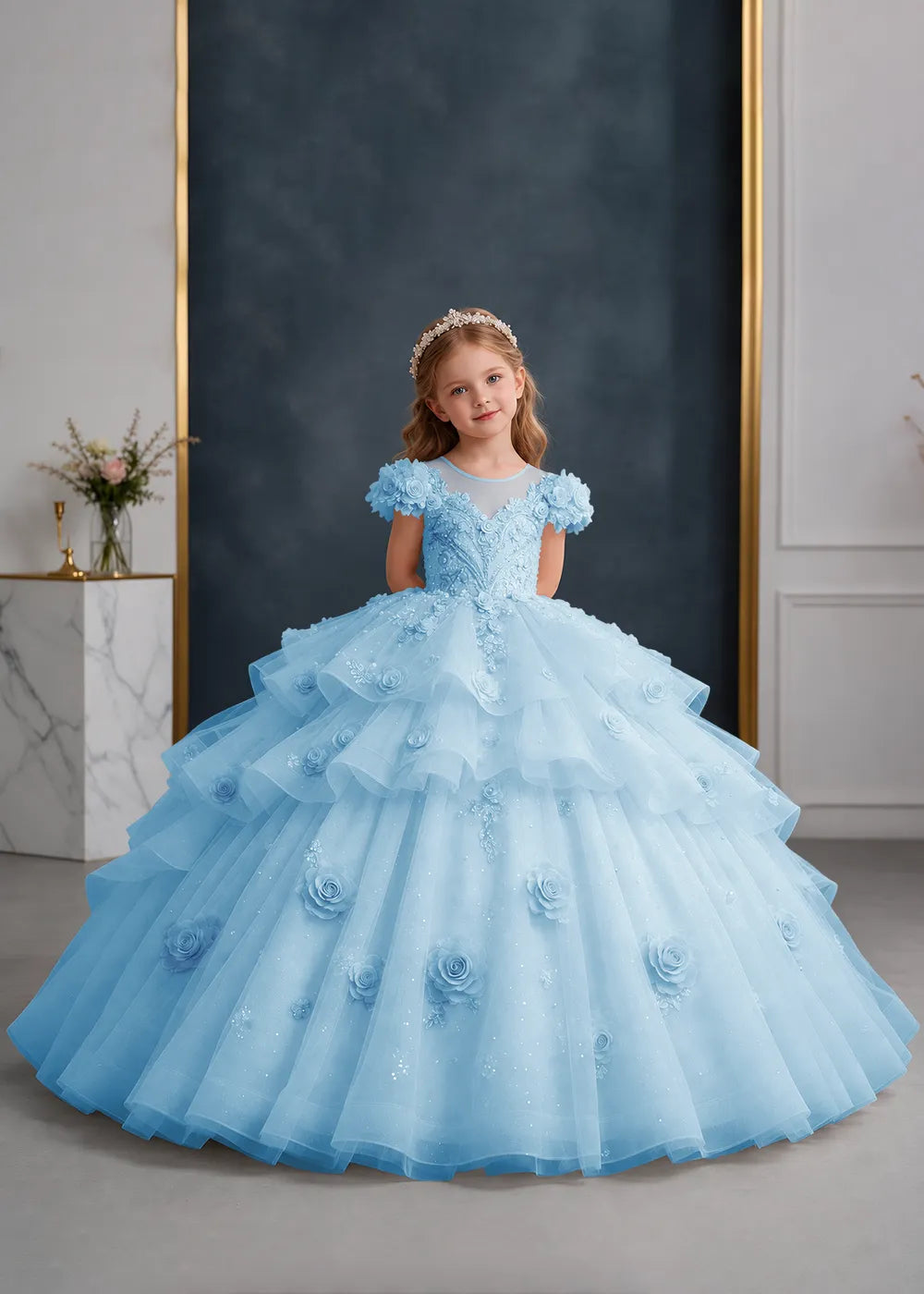 Pink Rose-Applique Flower Girl Ball Gown with Cascading Ruffles