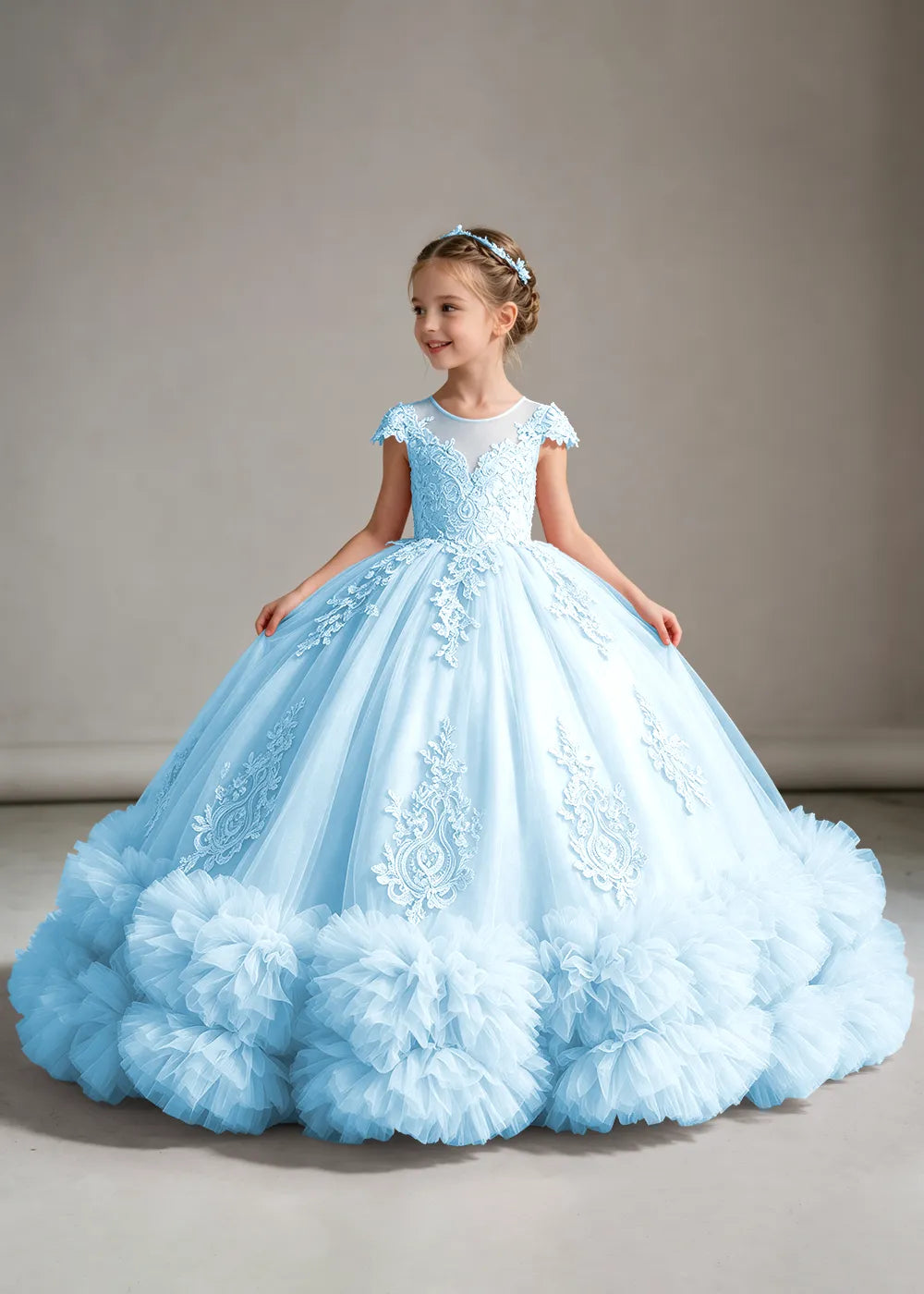 Pink Flower Girl Ball Gown with Floral Bodice and Ruffle Hem