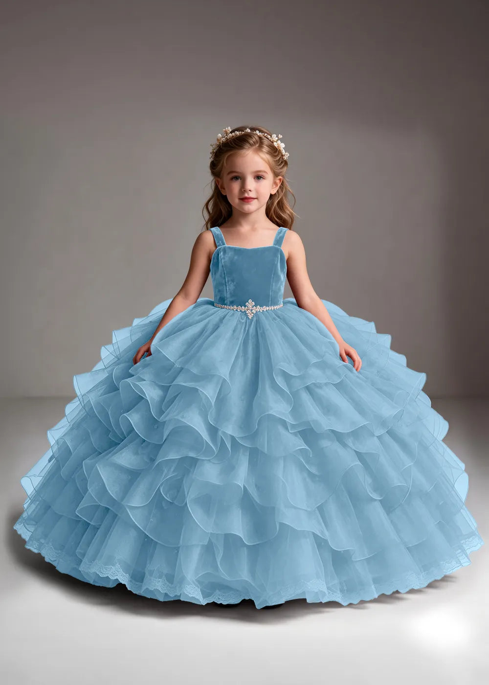 White Flower Girl Dress with Cascading Ruffles and a Square Neckline