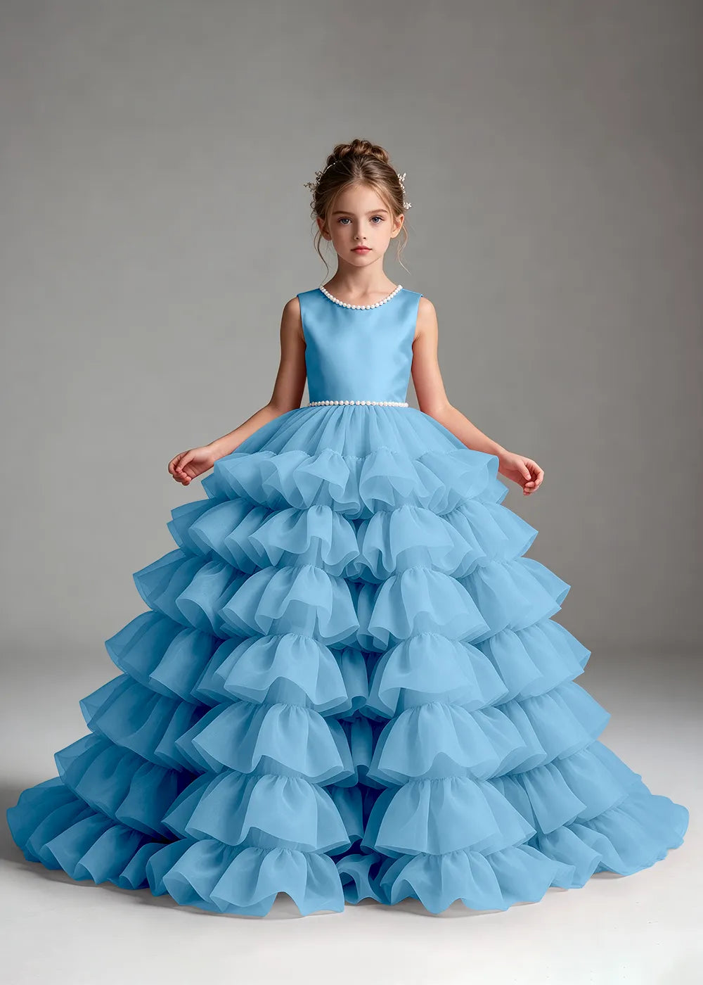 Pink Pearl-Trimmed Tiered Ruffle Flower Girl Dress