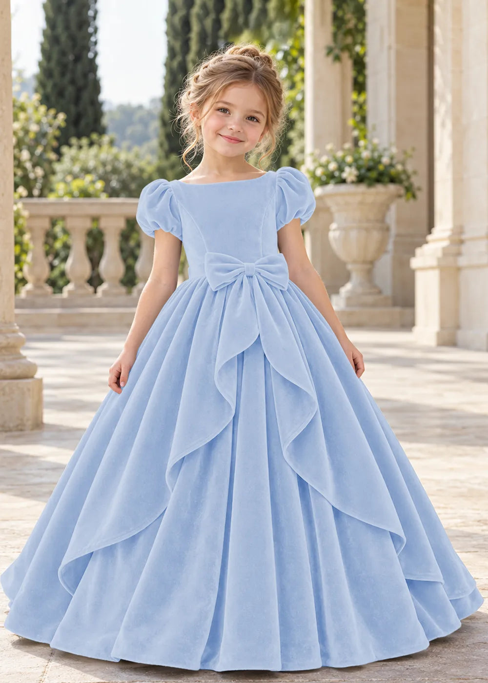 Front view of a child wearing a light blue flower girl dress with a square neckline, short puff sleeves and a large velvet bow above a full tiered skirt.