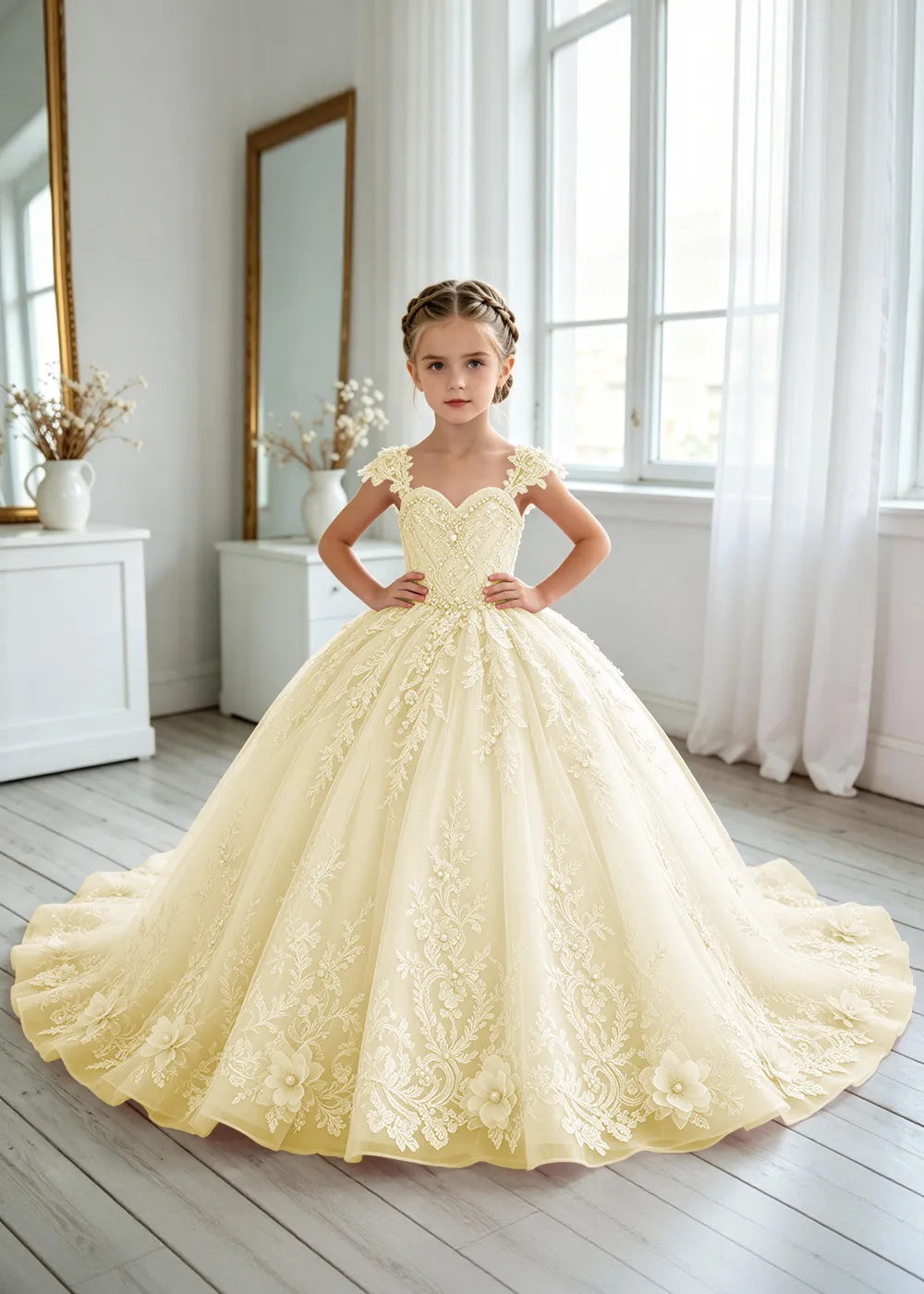 Floral V-Neck Lace Princess Dress for Girls