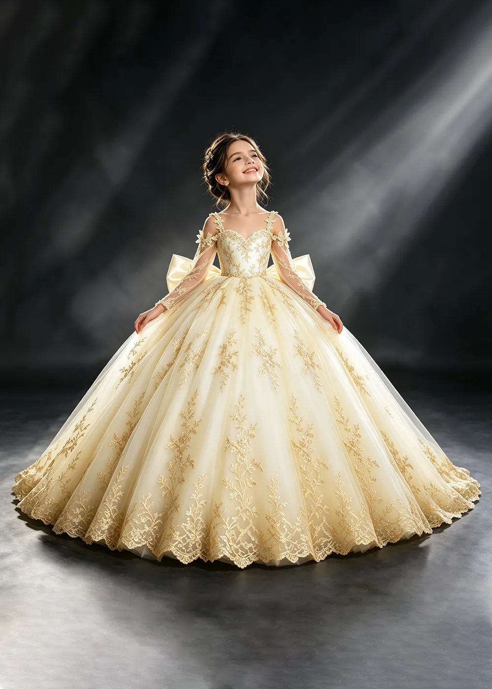 Ivory Gold Lace Flower Girl Dress with Floral Straps and Satin Bow