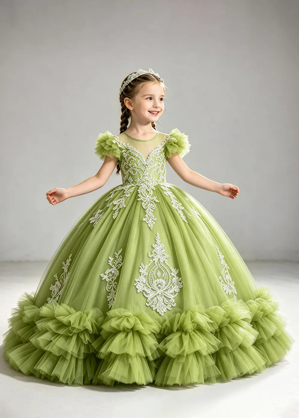 Muted Dusty Blue Flower Girl Ball Gown with White Floral Detail