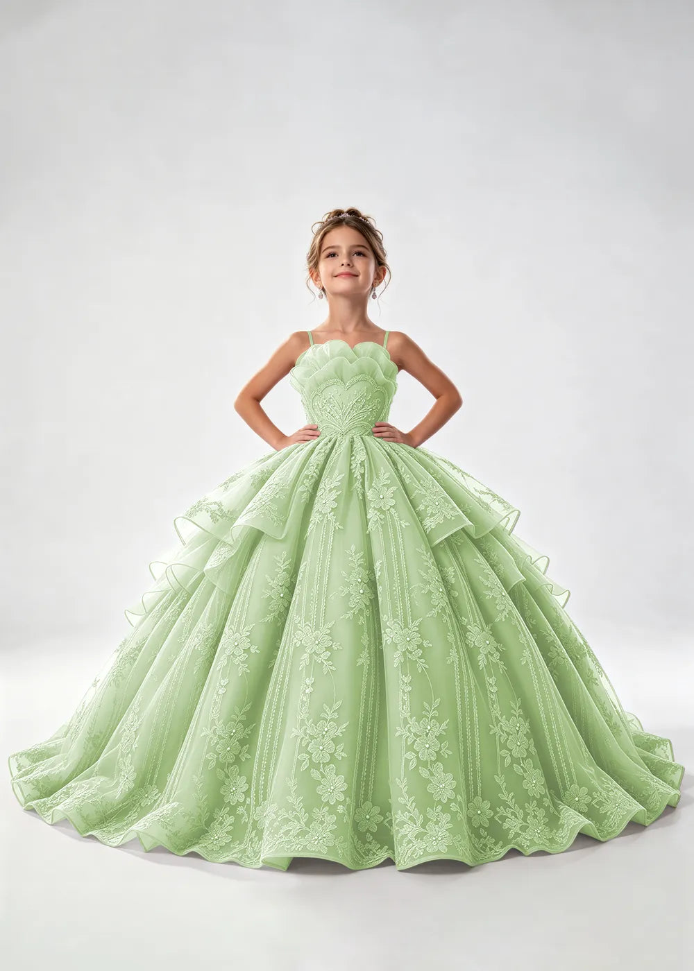 Flower girl dress in Light Green, front view.