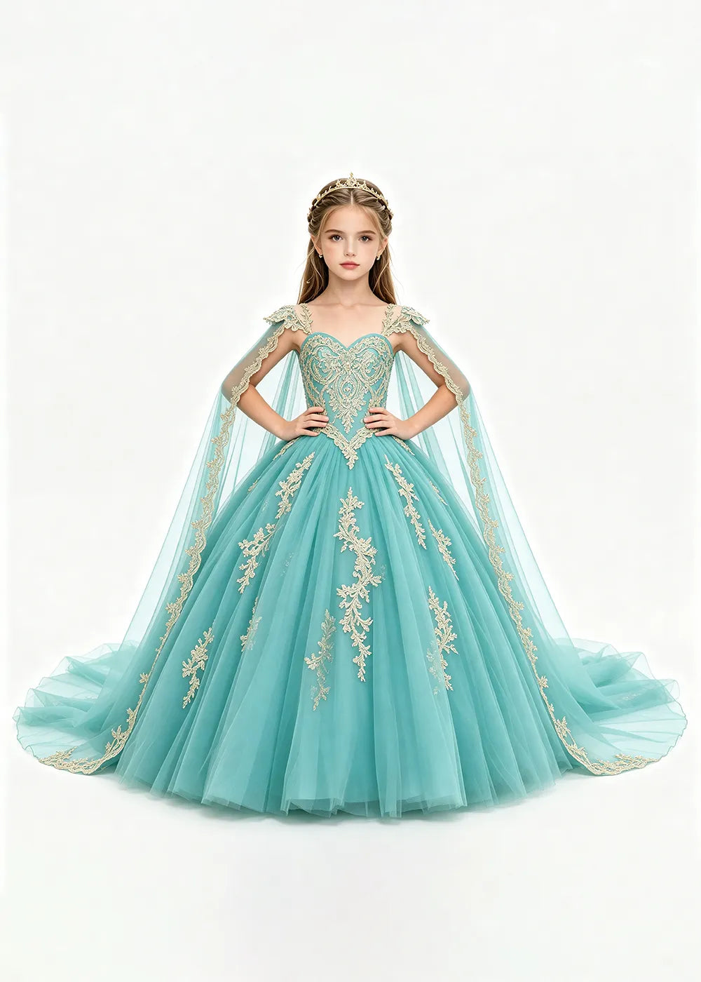 Gold Appliqué Cape Flower Girl Ball Gown Dress