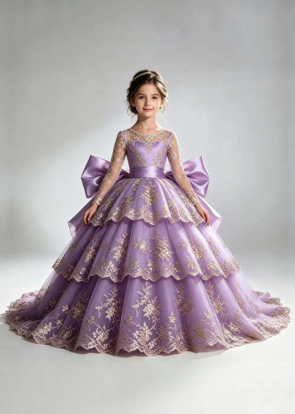 Long Sleeve Lace Flower Girl Dress with Sash Bow and Tiered Skirt