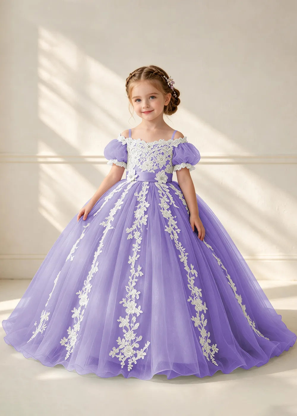 Puff Sleeve Floral Lace Flower Girl Ball Gown Dress