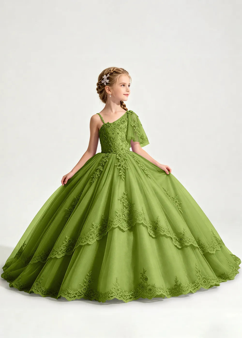 One-Shoulder Floral Lace Flower Girl Ball Gown Dress
