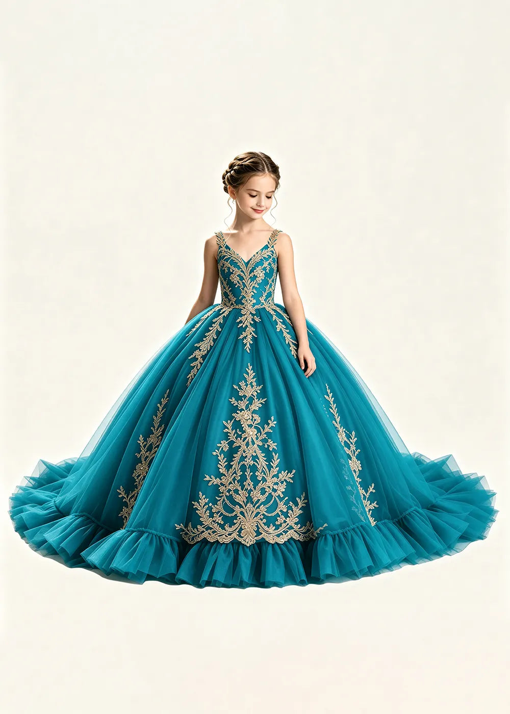 Gold Appliqué V-Neck Flower Girl Ball Gown Dress
