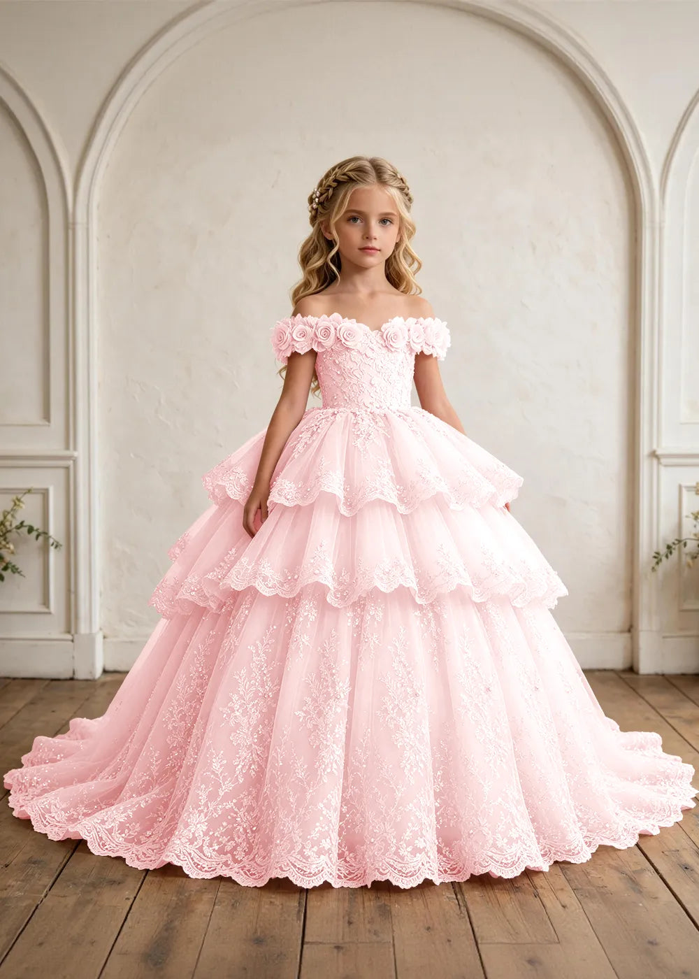 Off Shoulder Tiered Lace Flower Girl Ball Gown Dress