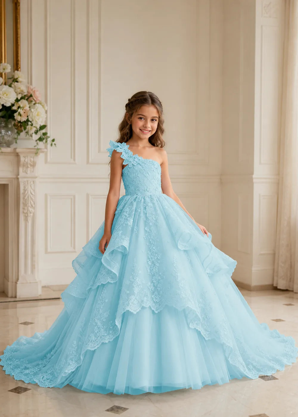 Floral Strap Tiered Lace Princess Dress for Girls