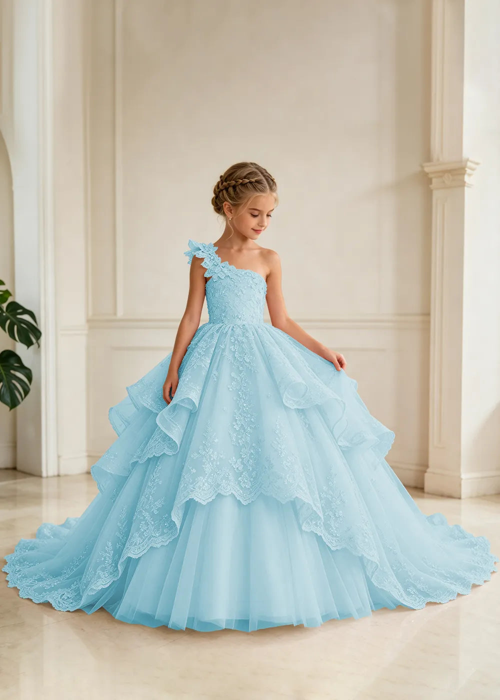 Floral Strap Tiered Lace Princess Dress for Girls