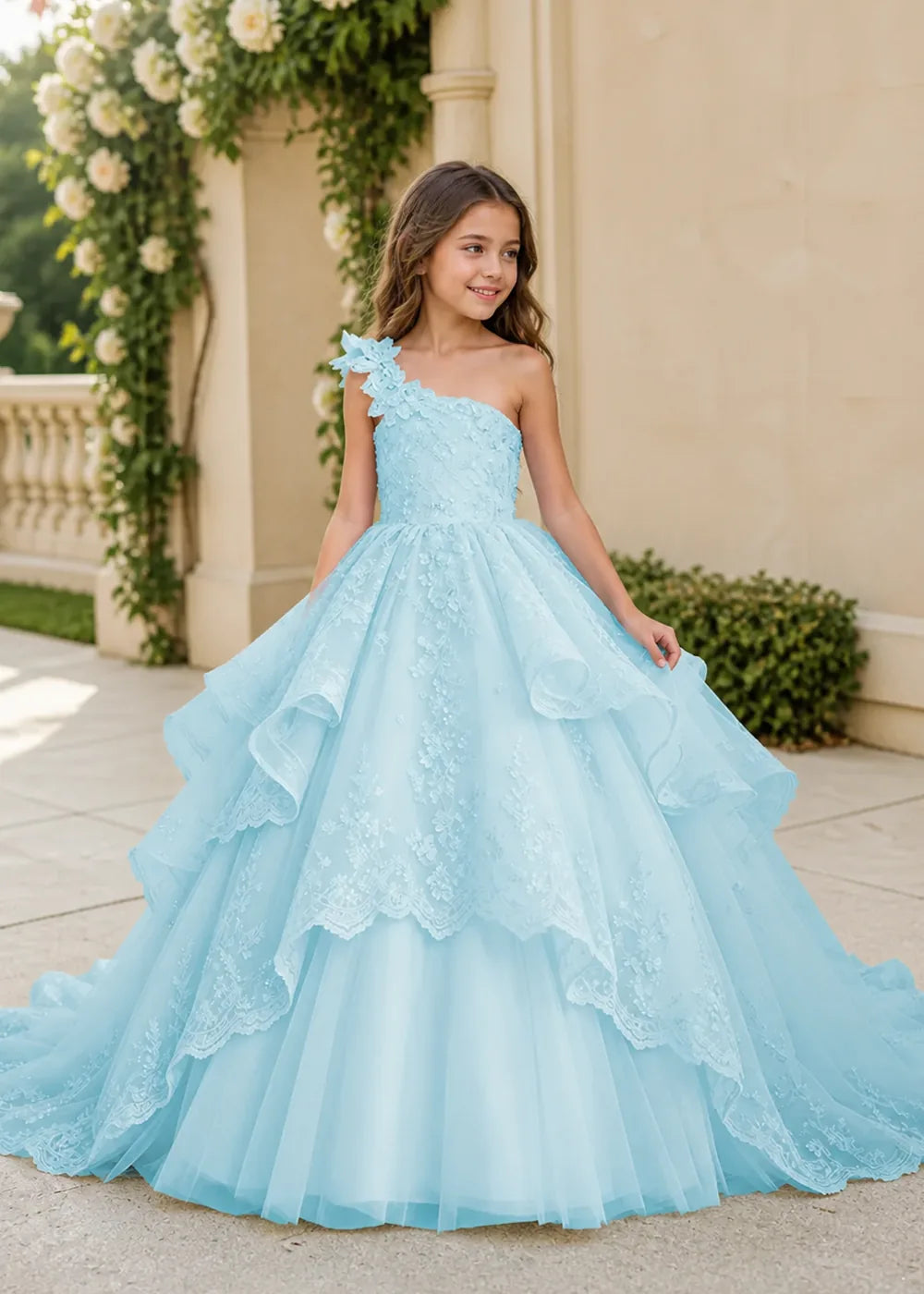Floral Strap Tiered Lace Princess Dress for Girls