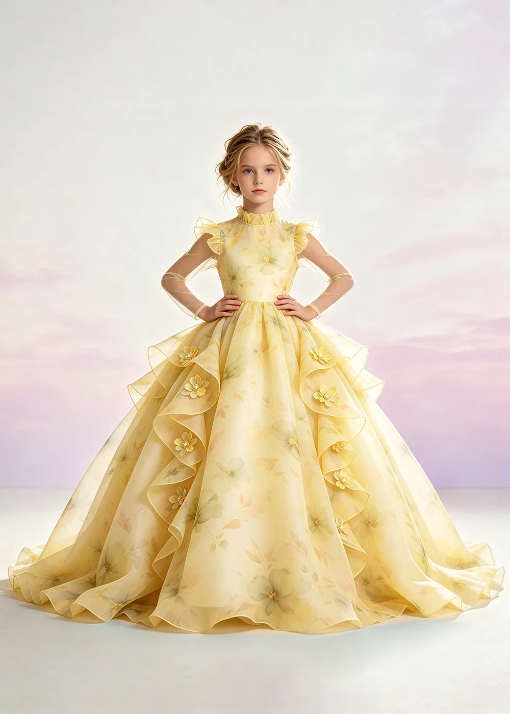 Blush Pink Floral Ruffle-Collar Flower Girl Dress