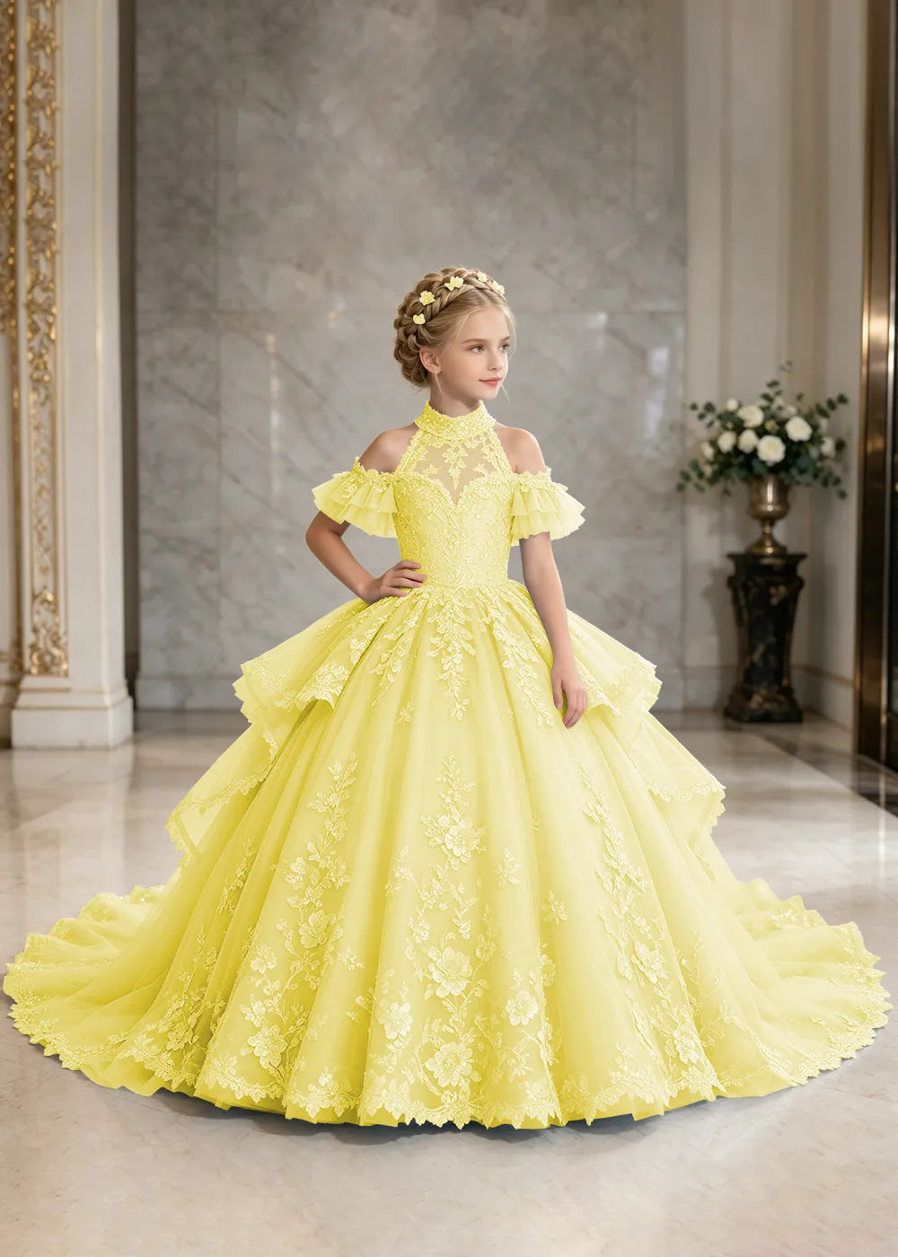 Illusion Neck Peplum Lace Flower Girl Ball Gown Dress