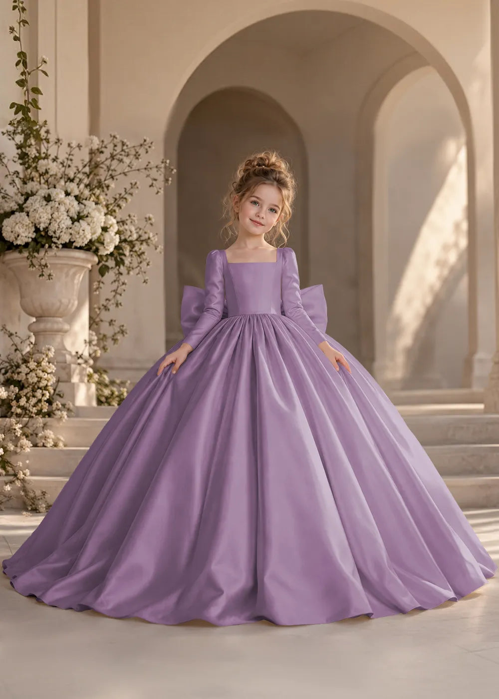 Dusty Blue Long-Sleeve Flower Girl Dress with a Full Skirt and Bow