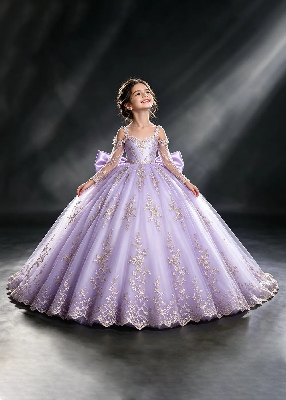 Ivory Gold Lace Flower Girl Dress with Floral Straps and Satin Bow