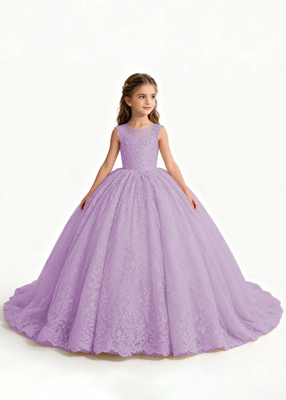 Champagne Flower Girl Gown with Floral Lace and Train