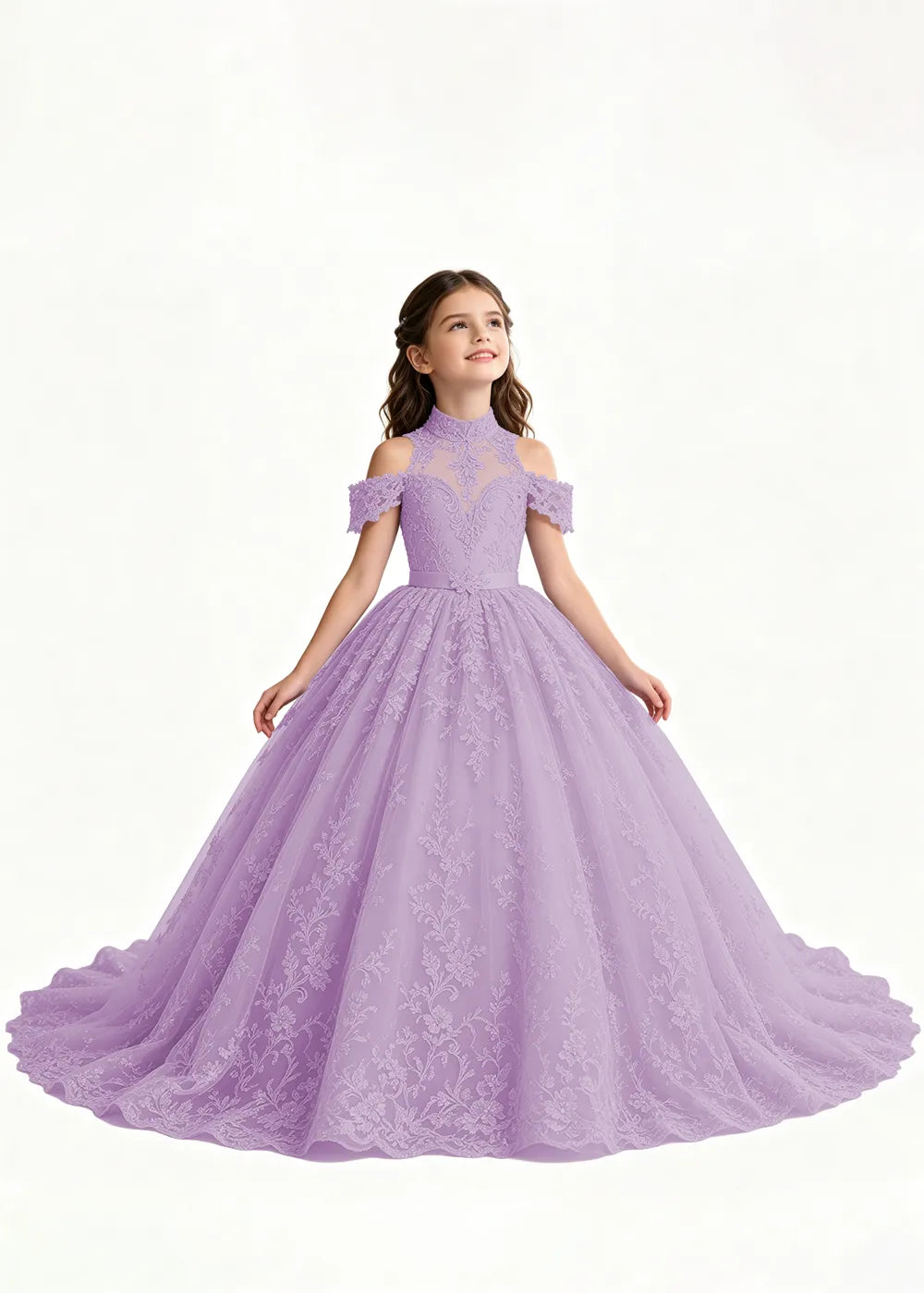 Lavender Flower Girl Gown with Floral Neckline and Train