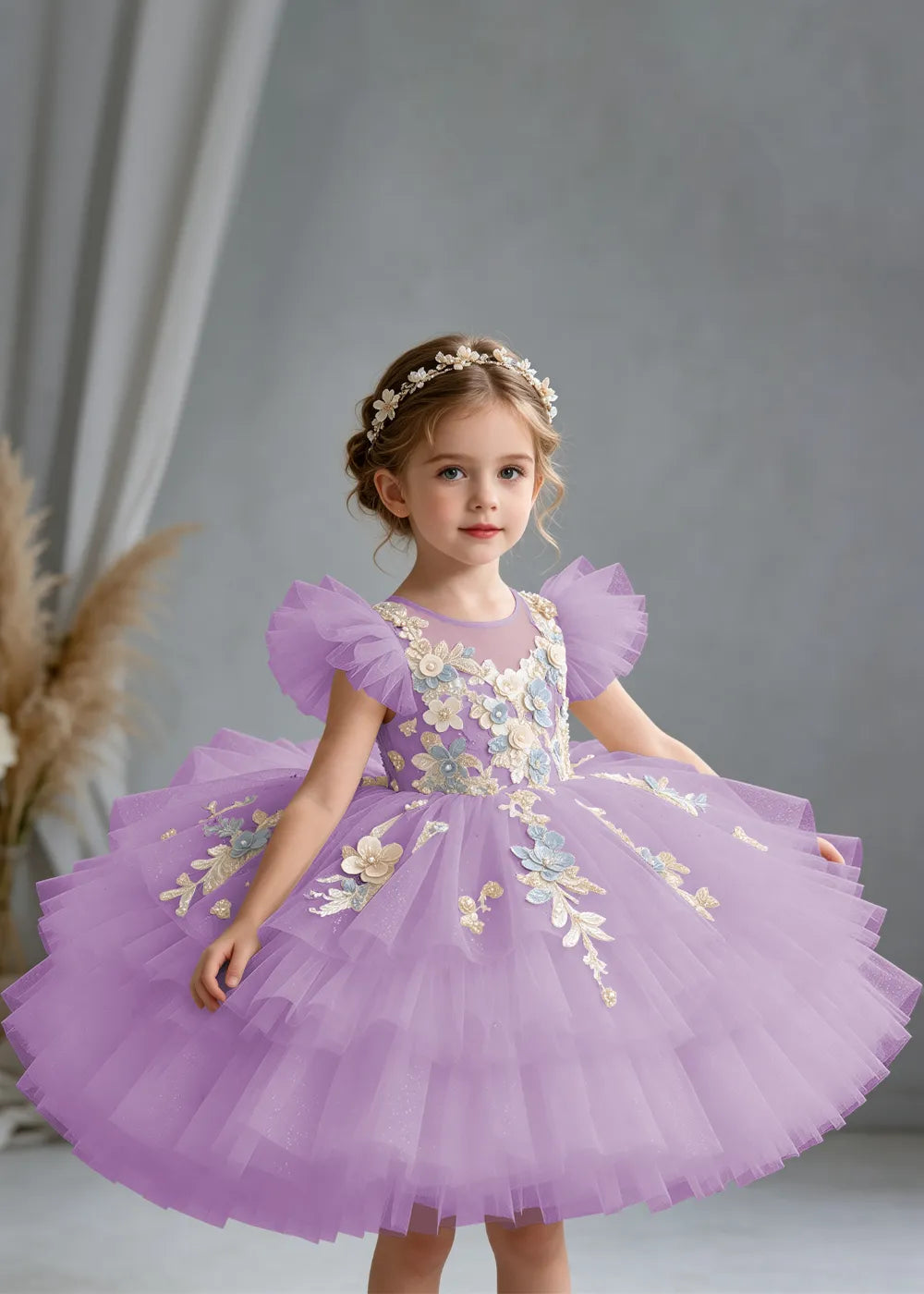 Flower girl dress in Lilac, front view.