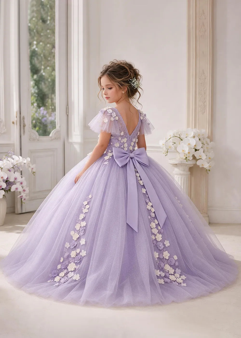 The rear view of a child wearing a Lilac flower girl dress with a round neckline, sheer flutter cap sleeves and a floral vine cascading down both sides of a full tulle skirt.