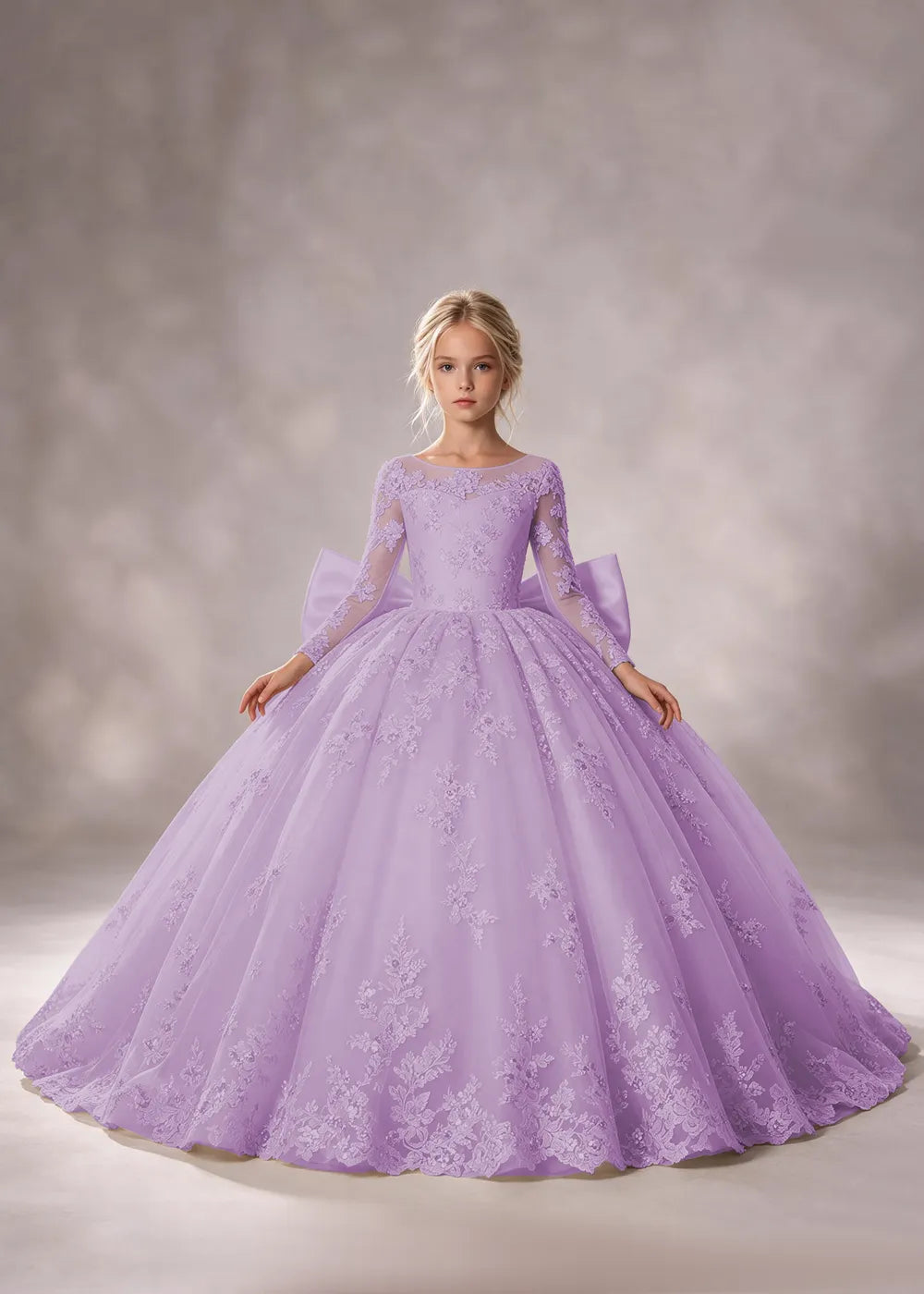 Flower girl dress in Lilac, front view.