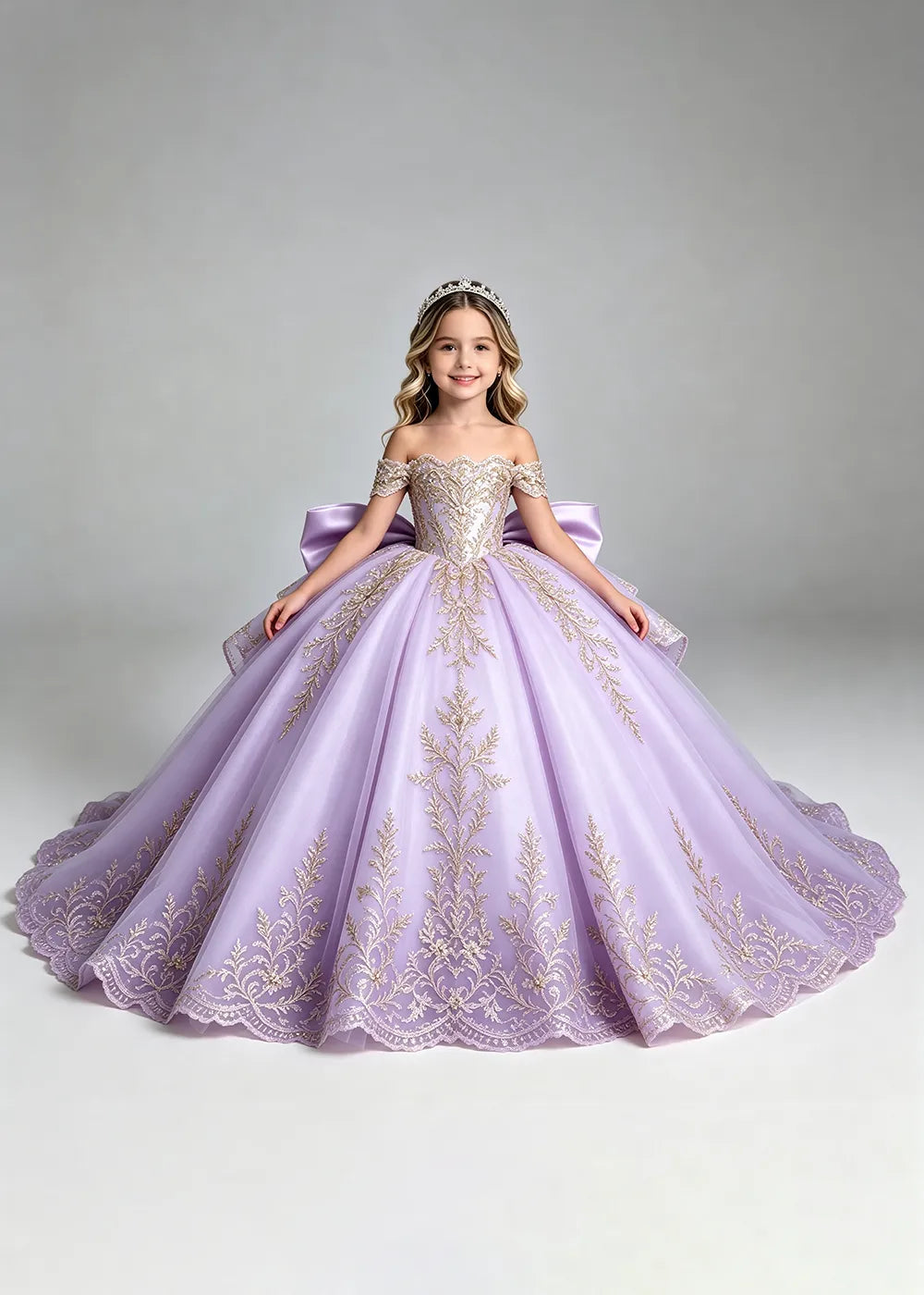 Off-Shoulder Lace Flower Girl Dress with Bow and Scalloped Hem