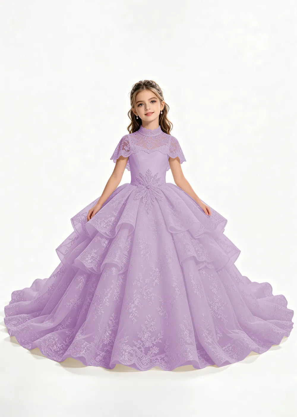 Flower girl dress in Lilac, front view.