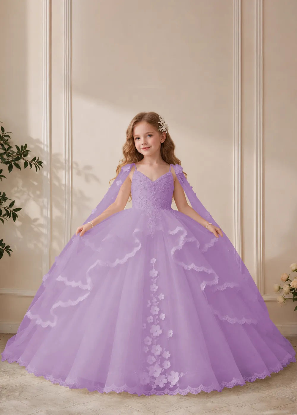 Dusty Rose Flower Girl Dress with Floral Lace and Shoulder Drapes