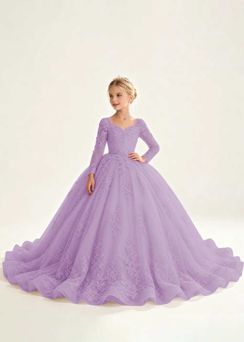 Flower Girl Dress with Long Lace Sleeves and Train