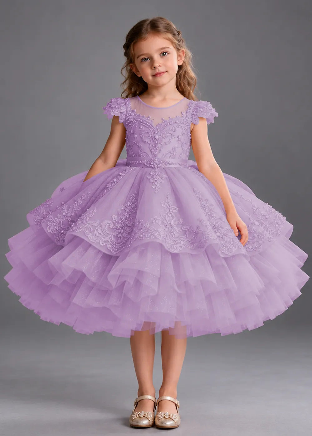 Gold Knee-Length Flower Girl Dress with Scalloped Lace Overlay