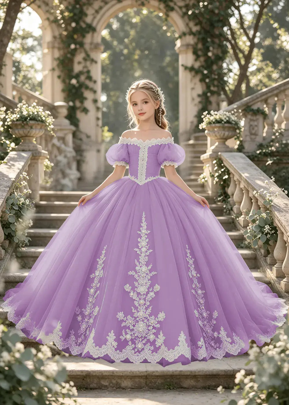 Flower girl dress in Lilac, front view.