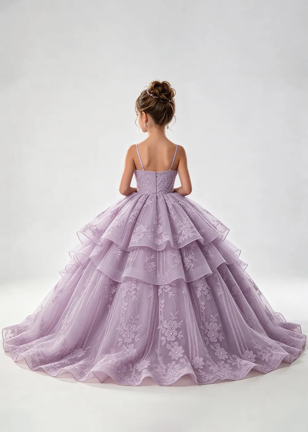 Flower girl dress in Lilac, back view.