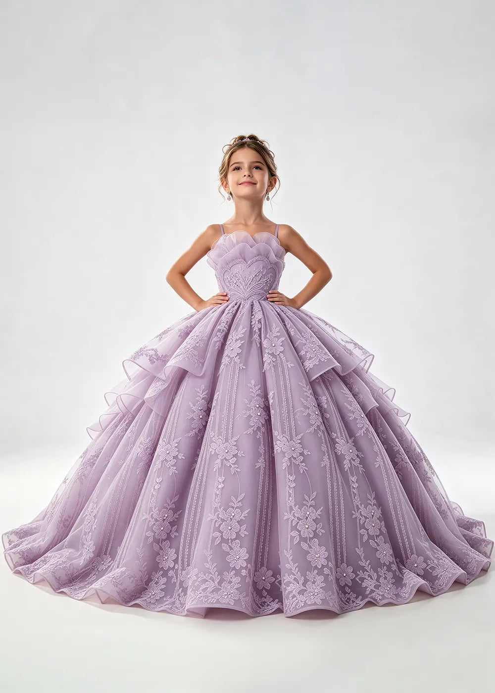 Flower girl dress in Lilac, front view.