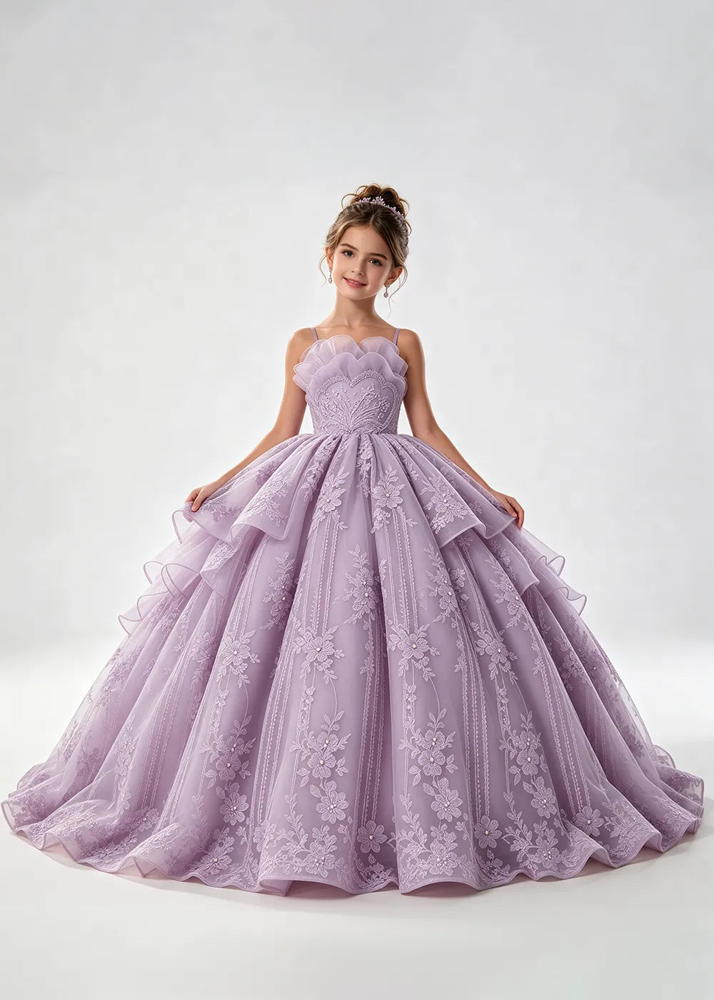 Flower girl dress in Lilac, front view.