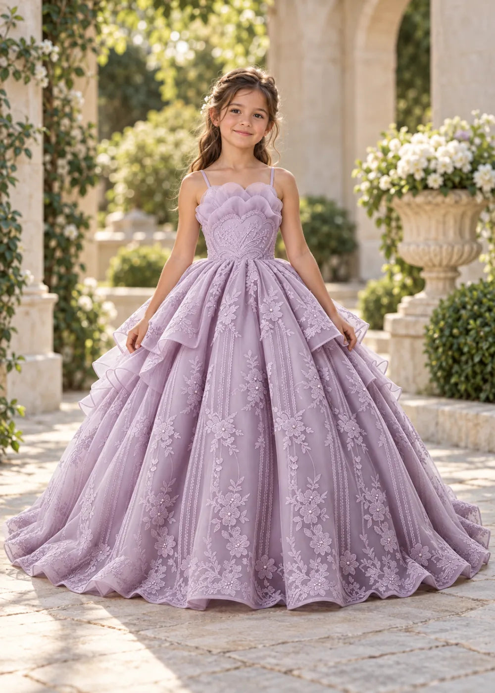 Flower girl dress in Lilac, front view.