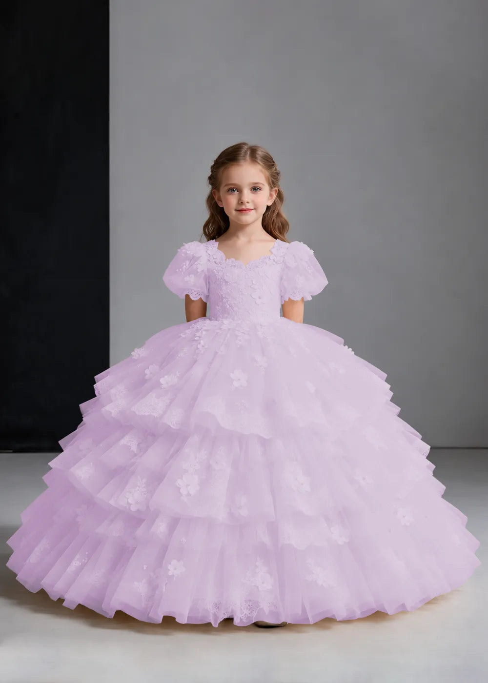 Flower girl dress in Lilac, front view.