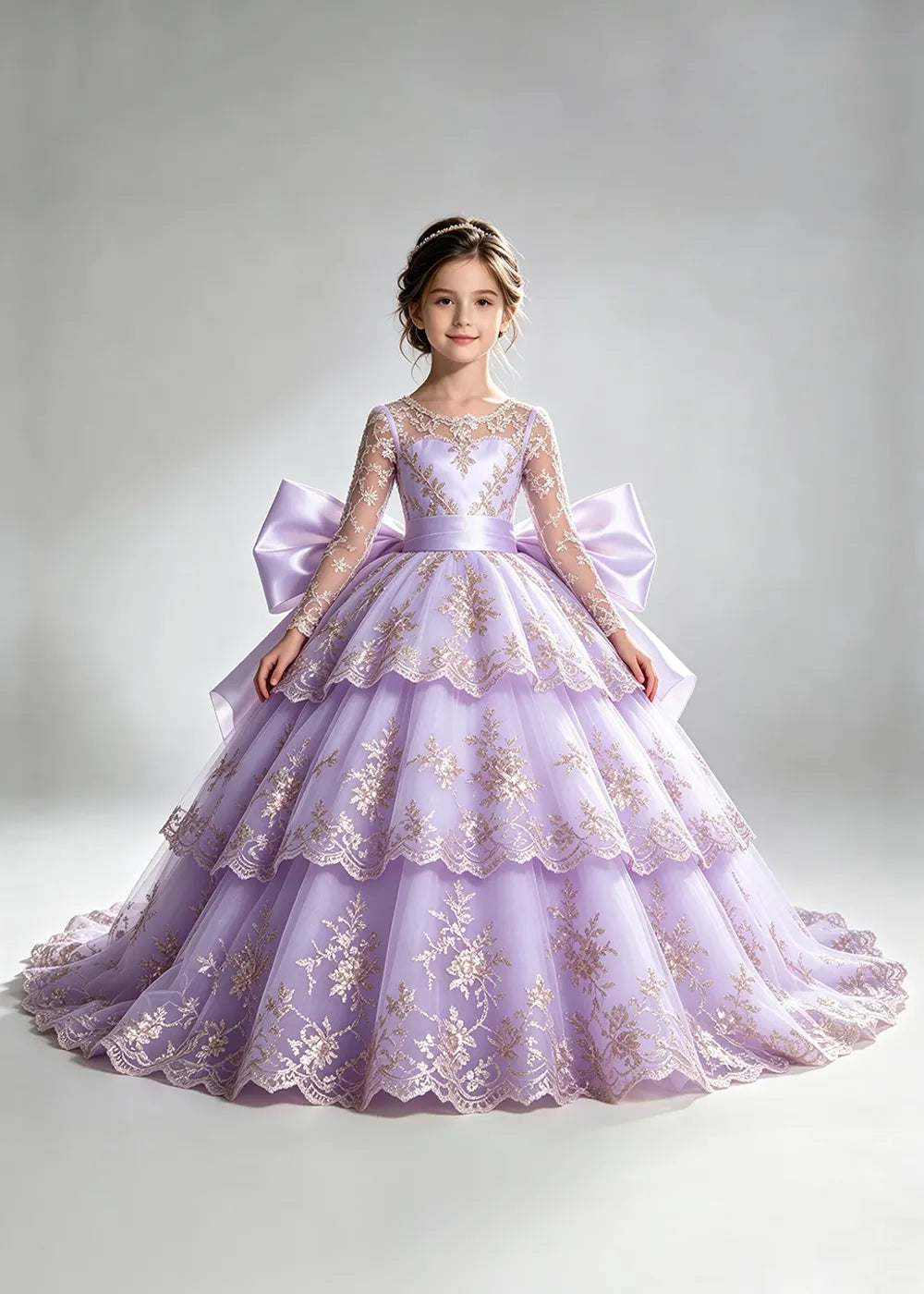 Long Sleeve Lace Flower Girl Dress with Sash Bow and Tiered Skirt