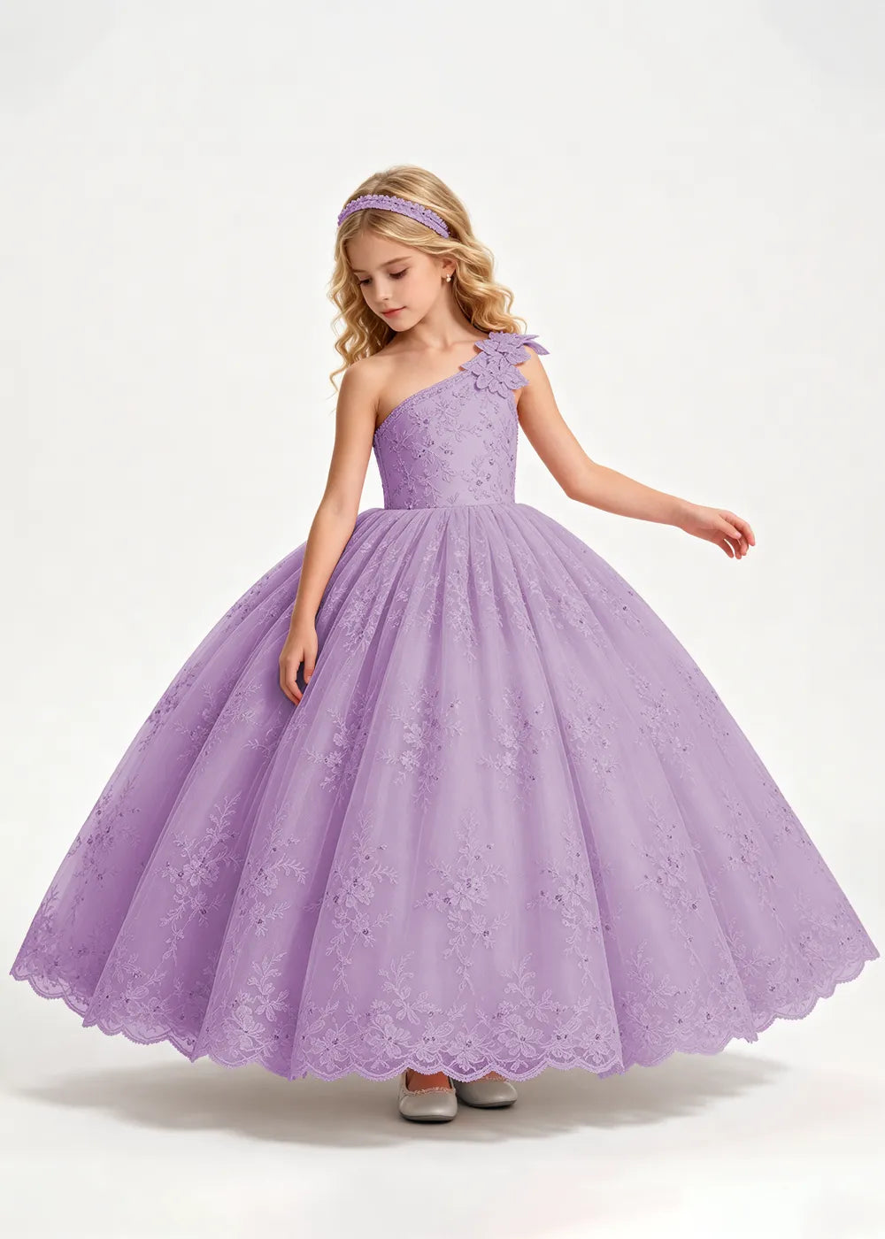 Warm Pale Blush One-Shoulder Flower Girl Gown with Scalloped Lace