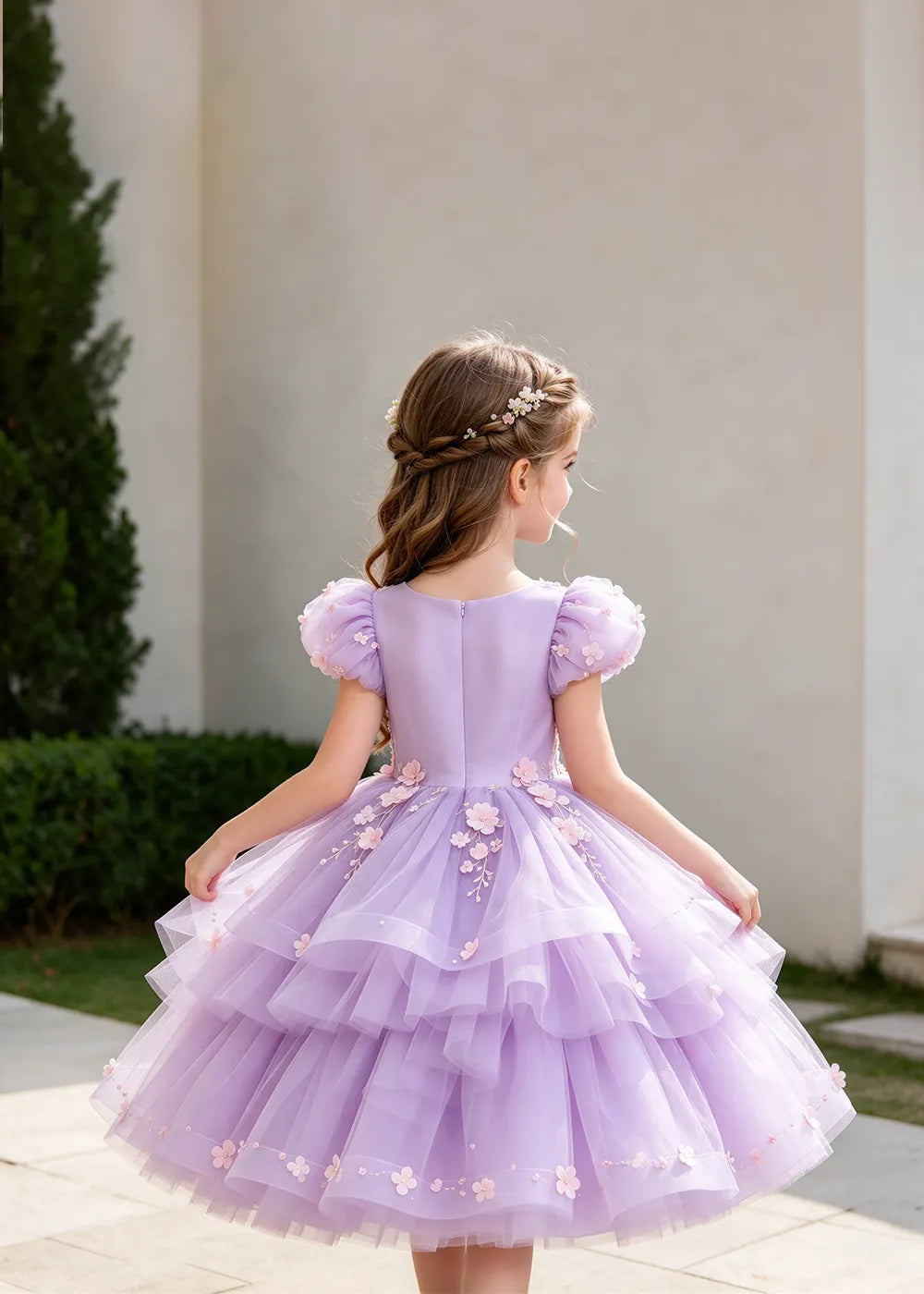 Lilac Puff-Sleeve Flower Girl Dress with Three-Tier Skirt