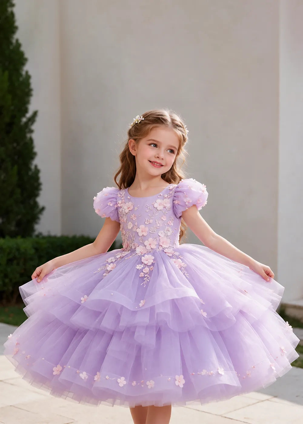 Lilac Puff-Sleeve Flower Girl Dress with Three-Tier Skirt