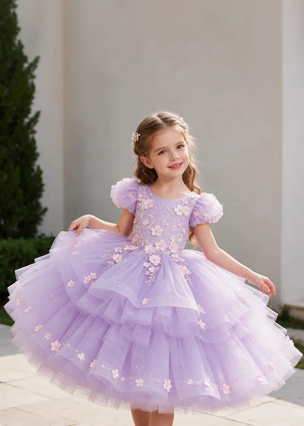 Lilac Puff-Sleeve Flower Girl Dress with Three-Tier Skirt