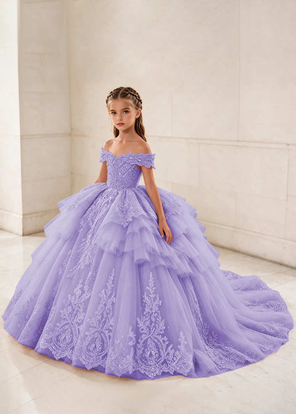 Ruffled Off Shoulder Lace Flower Girl Ball Gown Dress