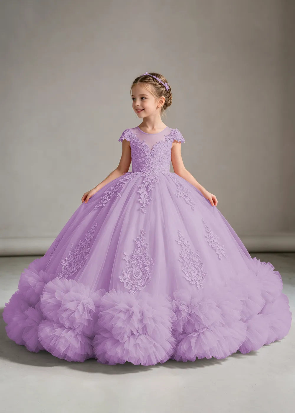 Pink Flower Girl Ball Gown with Floral Bodice and Ruffle Hem