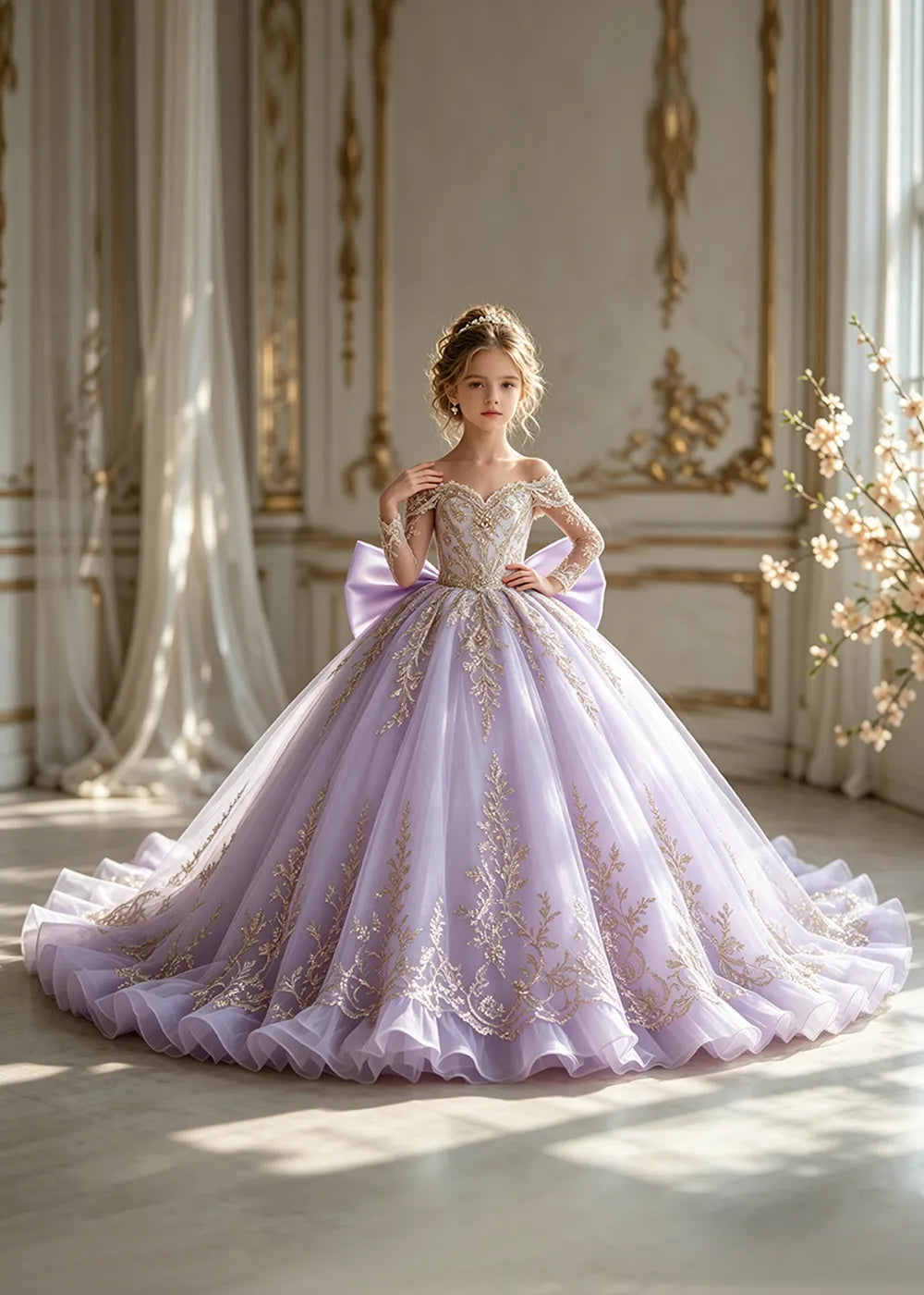 Off-Shoulder Sequin Lace Flower Girl Dress with Bow and Flounced Hem